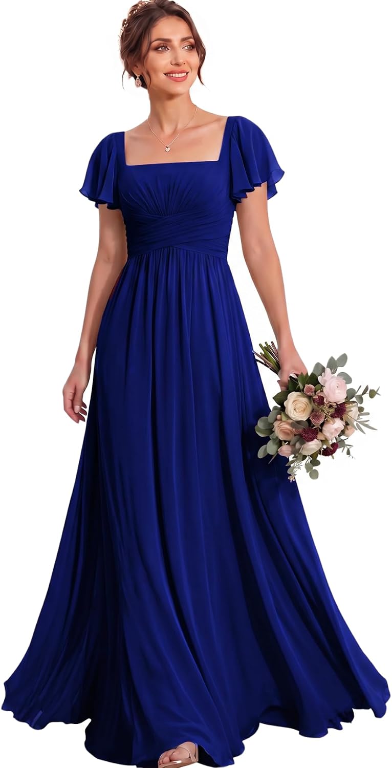 Ruched Waist Chiffon Bridesmaid Dress with Square Neck and Flutter Sleeves