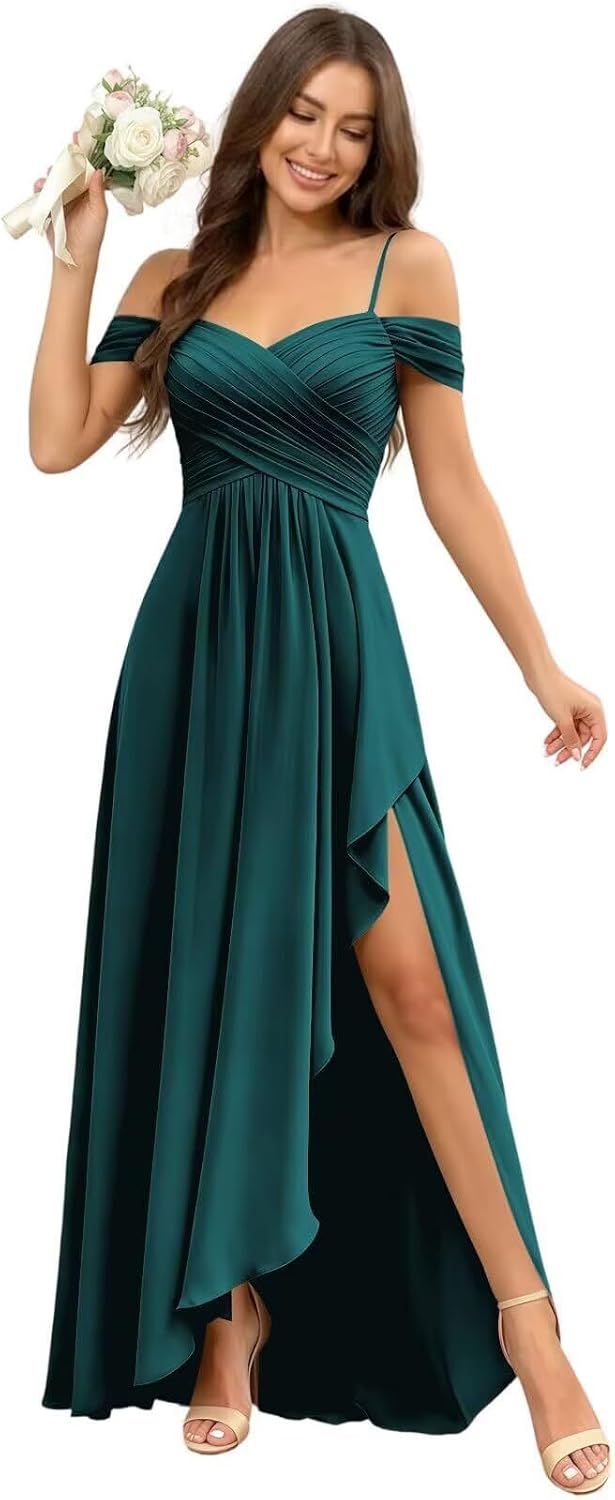 Cold Shoulder Pleated Chiffon Bridesmaid Dress with Ruffle Slit