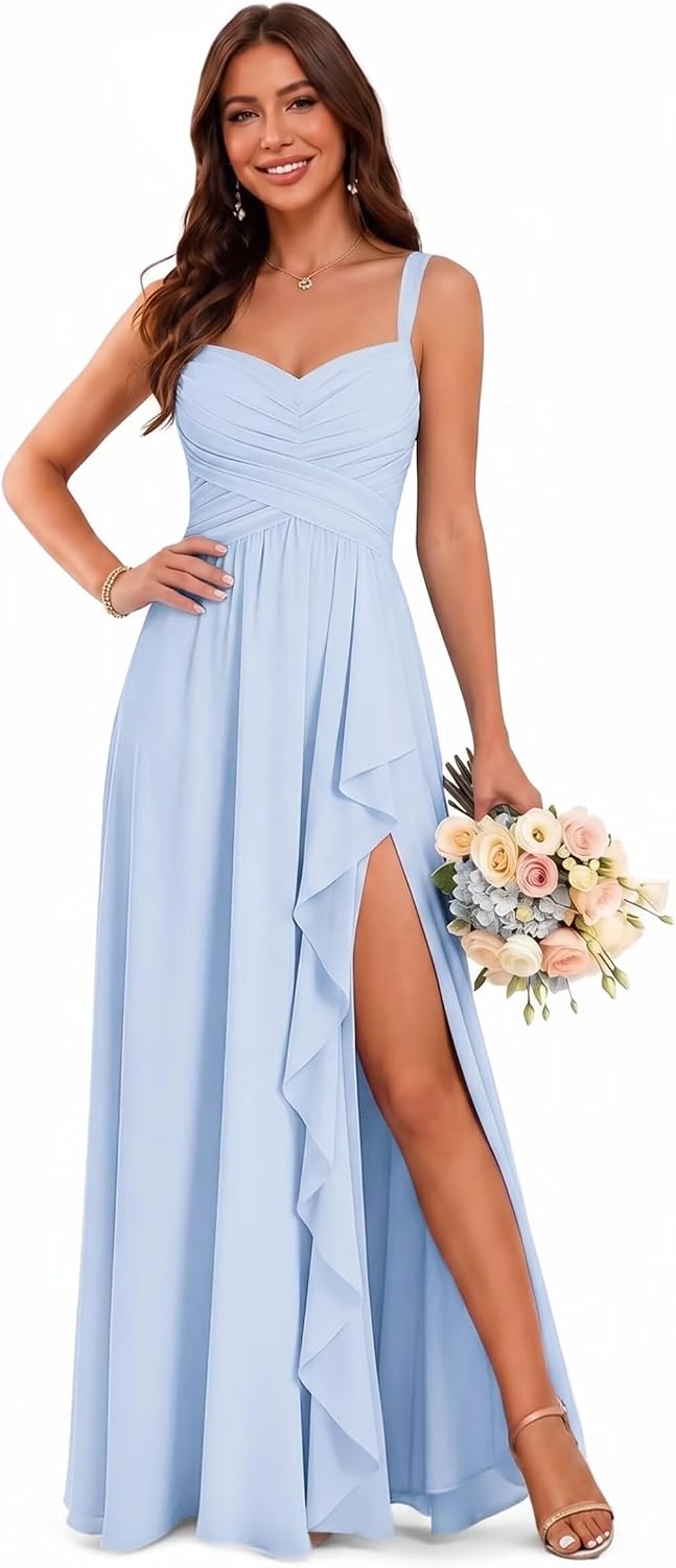 Sweetheart Chiffon Bridesmaid Dress with Pleated Bodice and Ruffle Slit