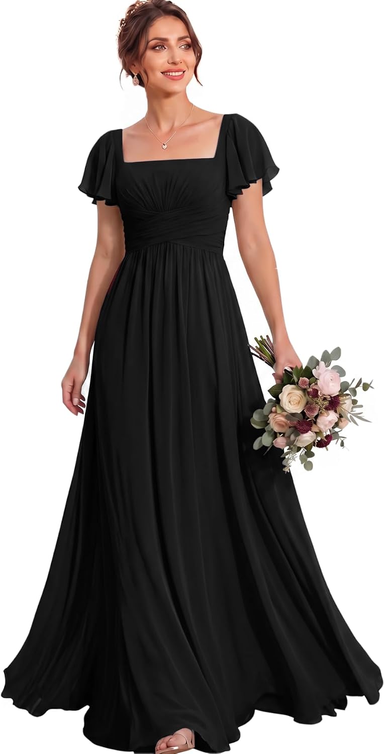 Ruched Waist Chiffon Bridesmaid Dress with Square Neck and Flutter Sleeves