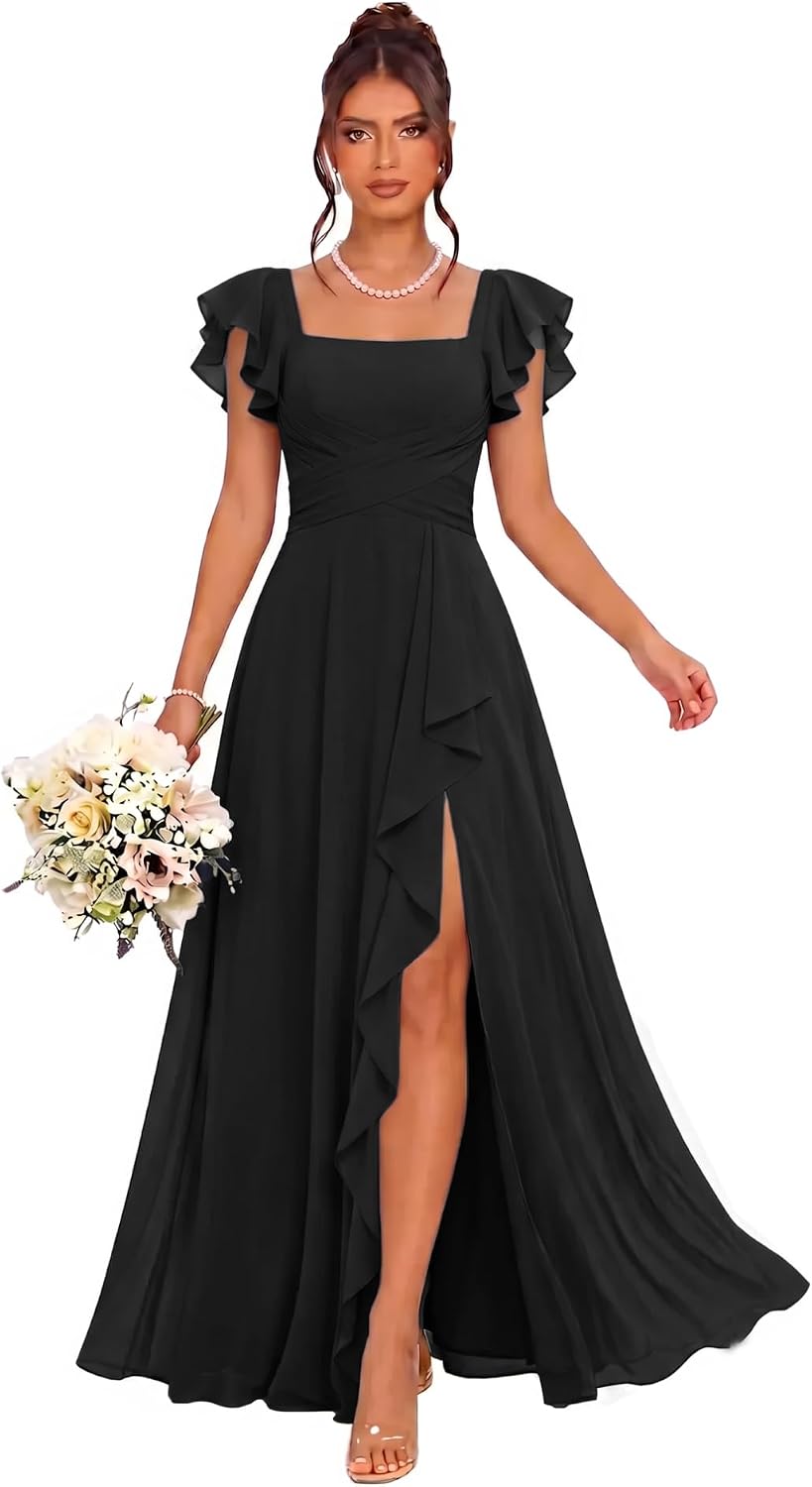 Cascading Ruffle Chiffon Bridesmaid Dress with Flutter Sleeves and Slit