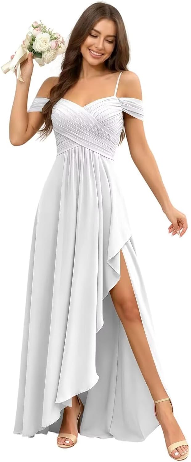 Cold Shoulder Pleated Chiffon Bridesmaid Dress with Ruffle Slit