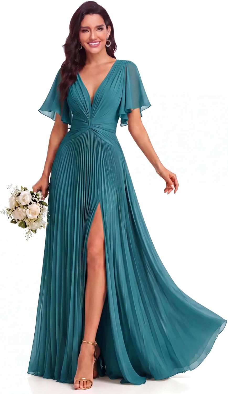 Twist-Front Pleated Chiffon Bridesmaid Dress with Flutter Sleeves