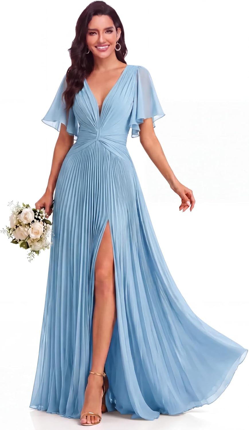 Twist-Front Pleated Chiffon Bridesmaid Dress with Flutter Sleeves