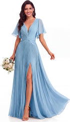 Twist-Front Pleated Chiffon Bridesmaid Dress with Flutter Sleeves