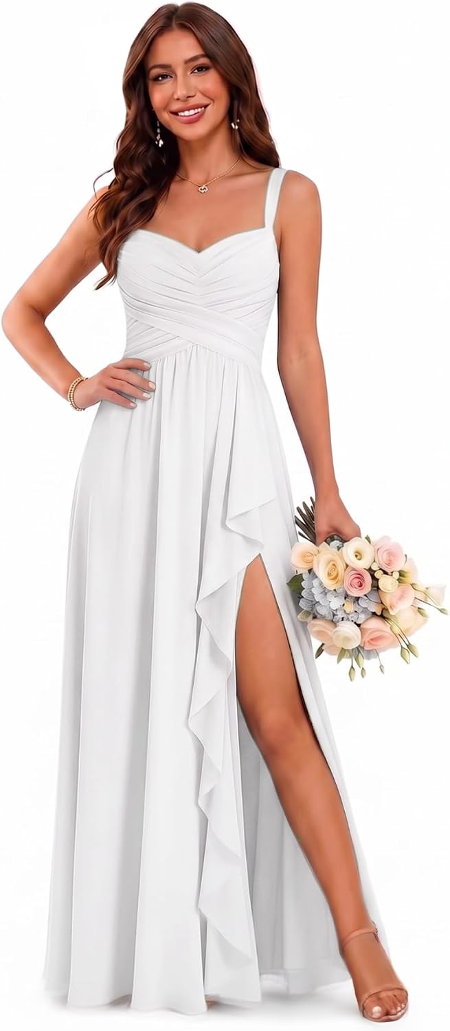 Sweetheart Chiffon Bridesmaid Dress with Pleated Bodice and Ruffle Slit