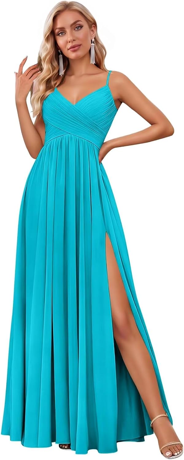 Spaghetti Strap Pleated Chiffon Bridesmaid Dress with V-Neck and Slit