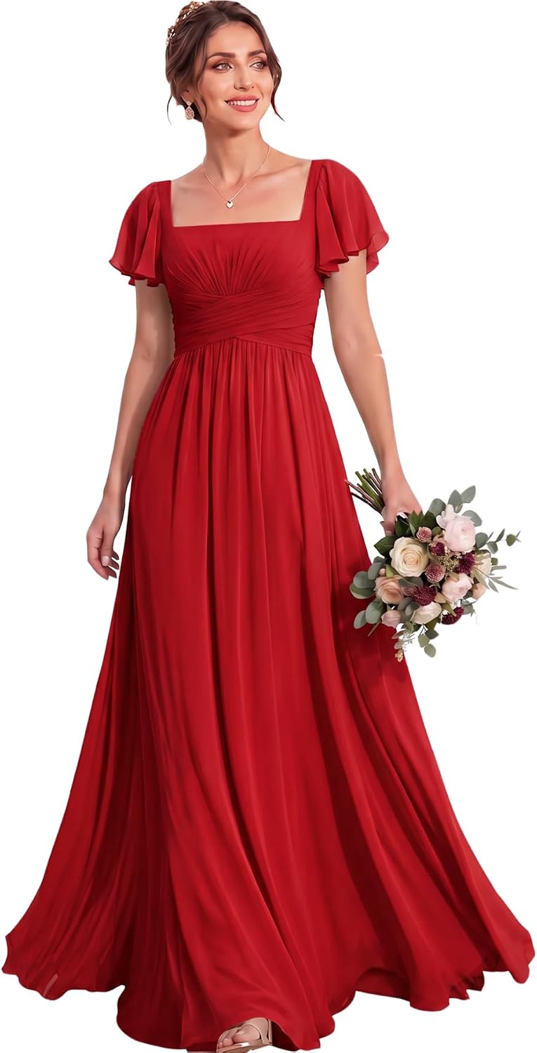 Ruched Waist Chiffon Bridesmaid Dress with Square Neck and Flutter Sleeves