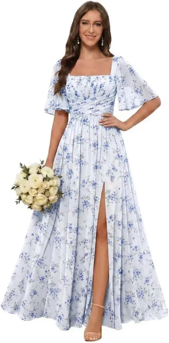 Square Neck Chiffon Bridesmaid Dress with Flutter Sleeves and Slit