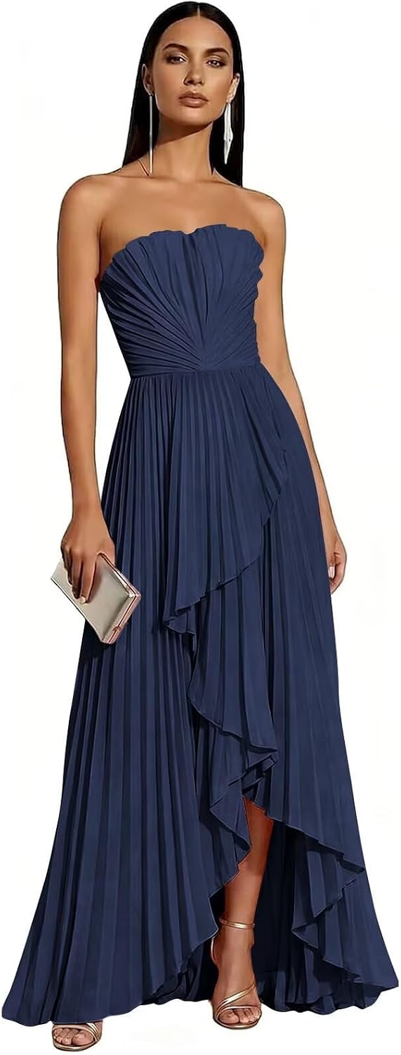 Strapless Chiffon Evening Dress with Pleats and Cascading Ruffle Hem