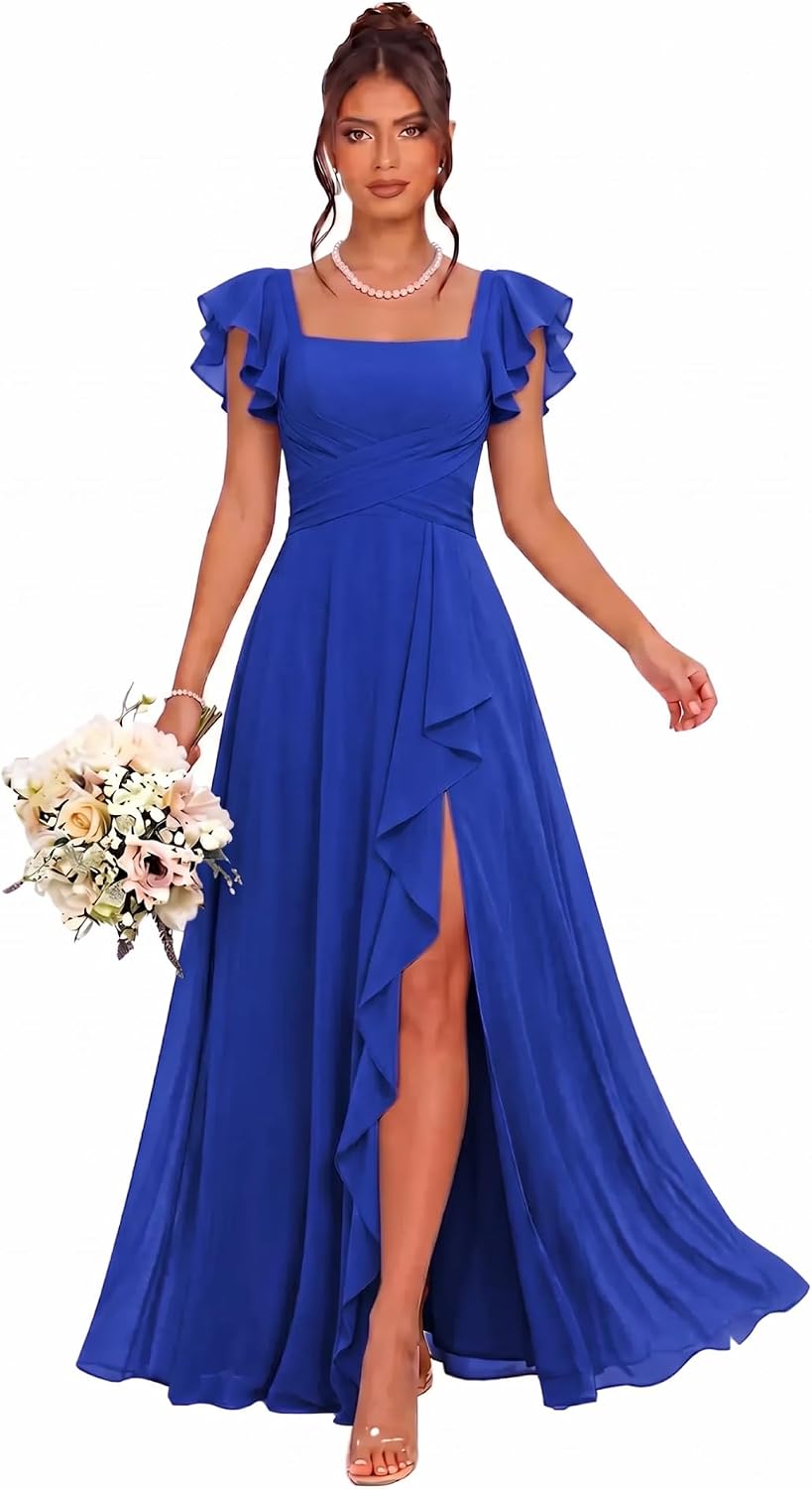 Cascading Ruffle Chiffon Bridesmaid Dress with Flutter Sleeves and Slit