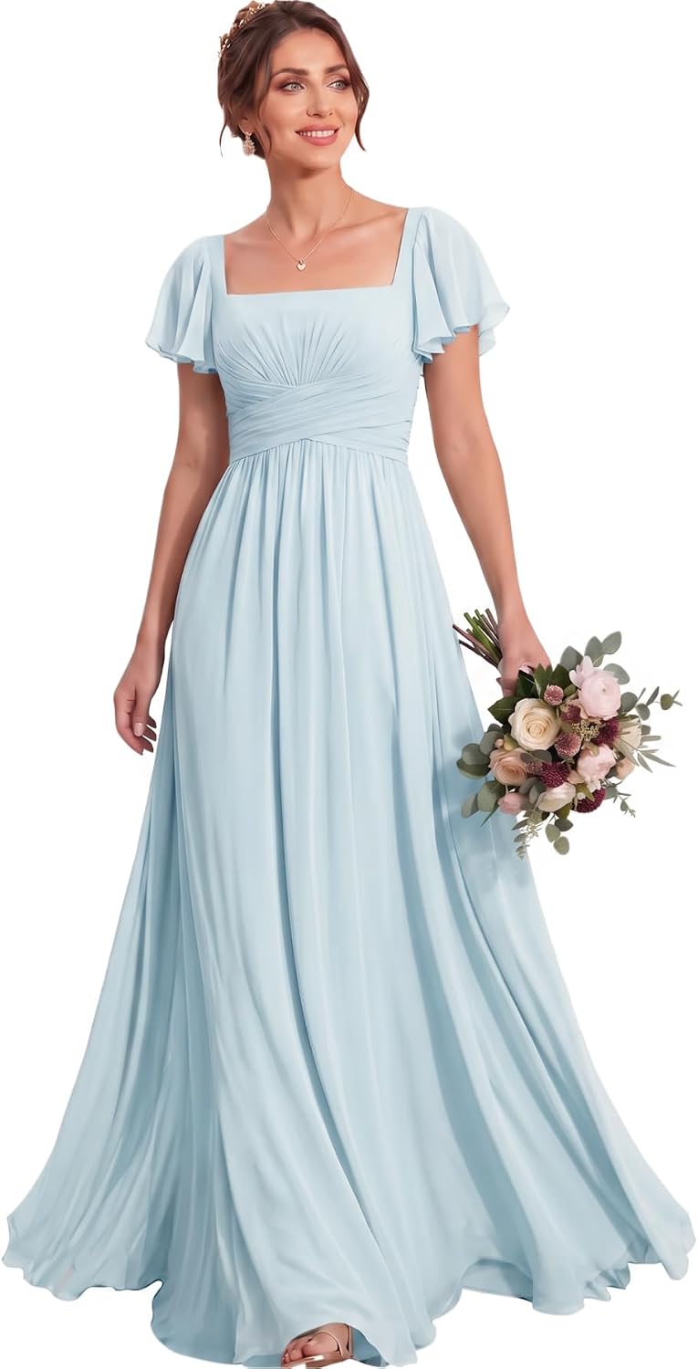 Ruched Waist Chiffon Bridesmaid Dress with Square Neck and Flutter Sleeves