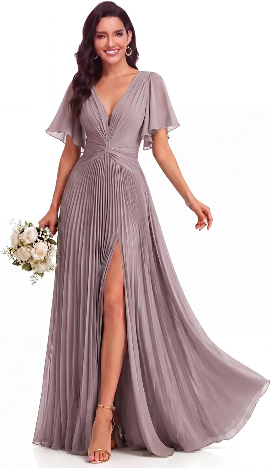 Twist-Front Pleated Chiffon Bridesmaid Dress with Flutter Sleeves