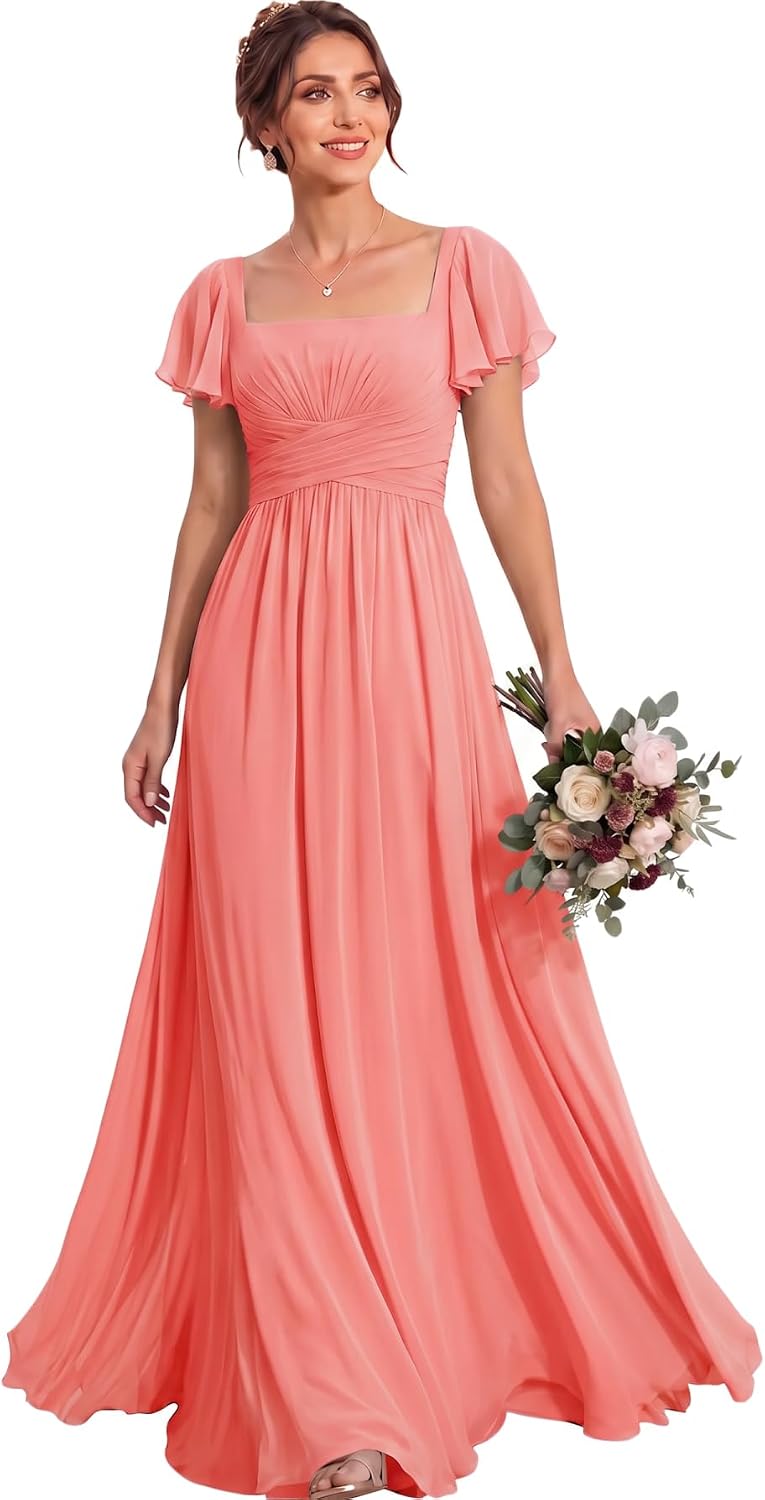 Ruched Waist Chiffon Bridesmaid Dress with Square Neck and Flutter Sleeves