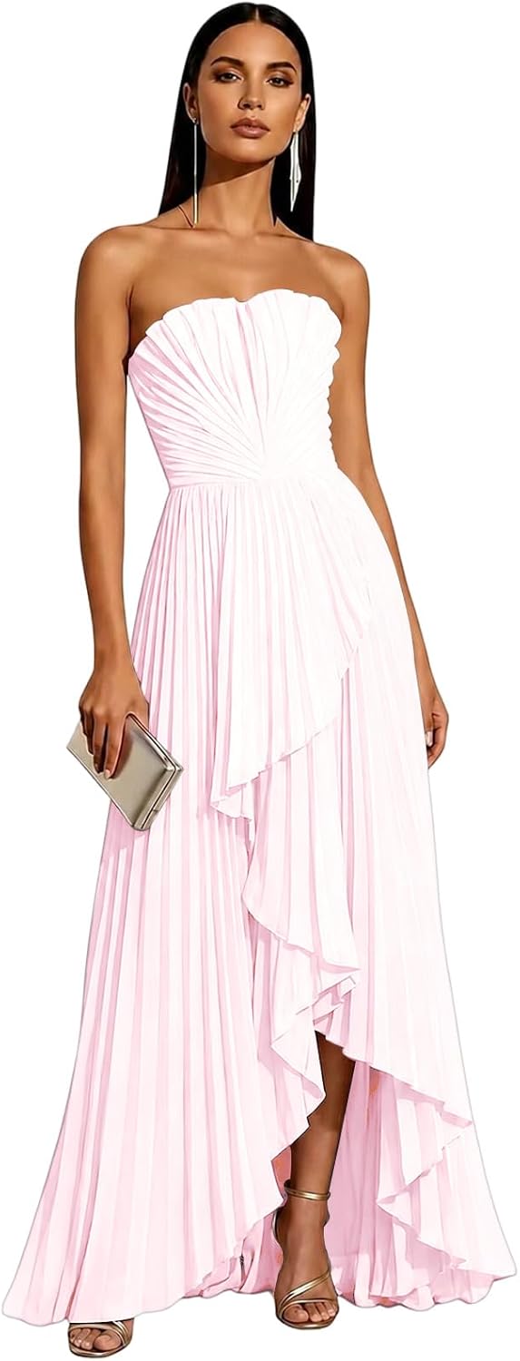 Strapless Chiffon Evening Dress with Pleats and Cascading Ruffle Hem