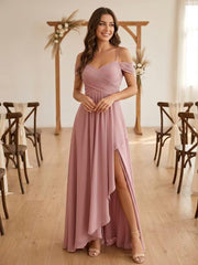 Cold Shoulder Pleated Chiffon Bridesmaid Dress with Ruffle Slit