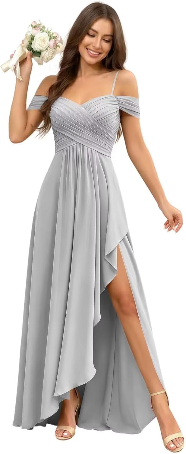 Cold Shoulder Pleated Chiffon Bridesmaid Dress with Ruffle Slit