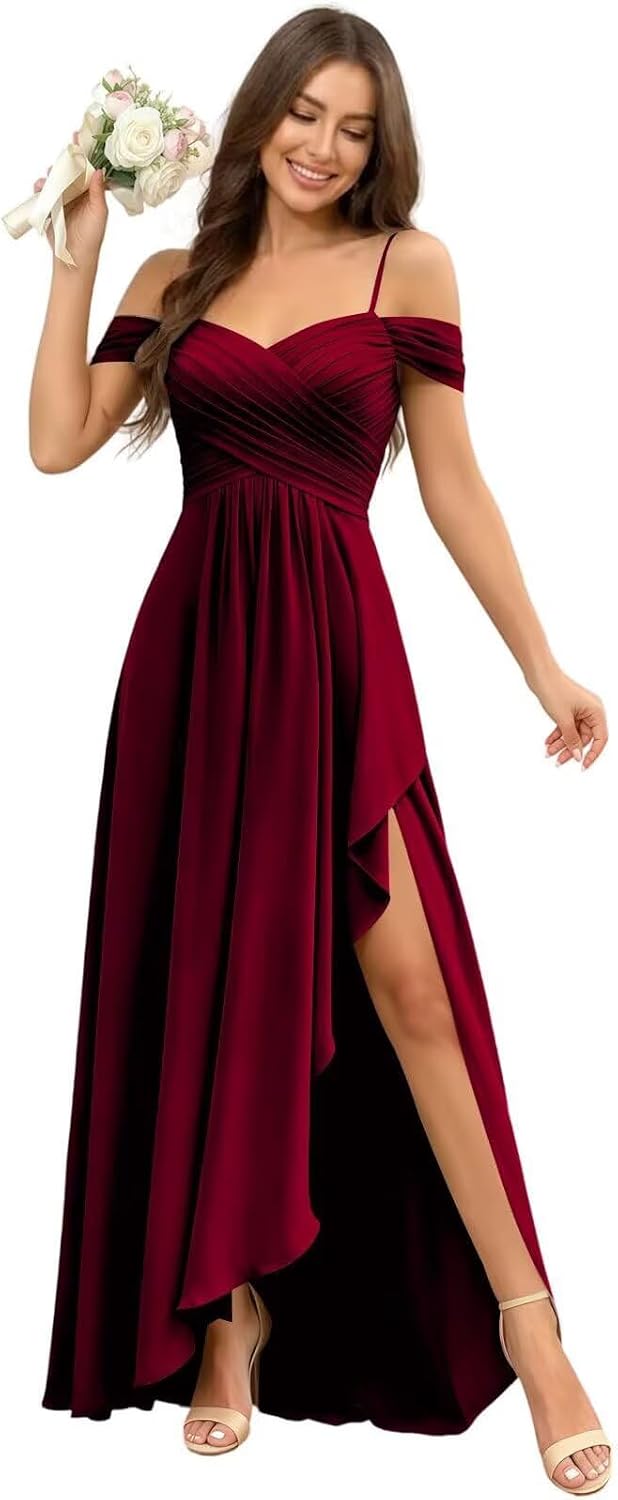 Cold Shoulder Pleated Chiffon Bridesmaid Dress with Ruffle Slit