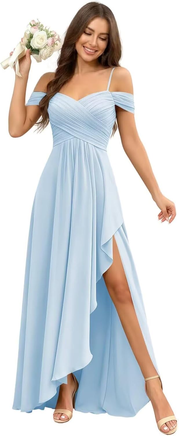 Cold Shoulder Pleated Chiffon Bridesmaid Dress with Ruffle Slit