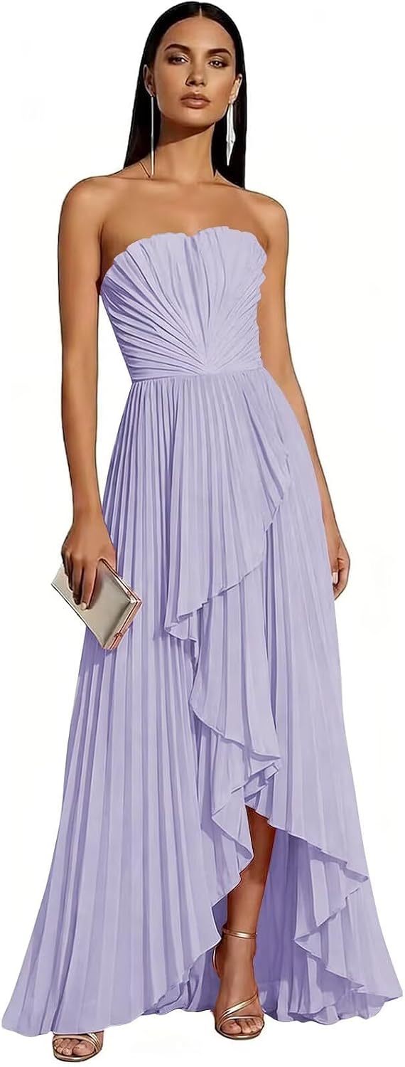 Strapless Chiffon Evening Dress with Pleats and Cascading Ruffle Hem