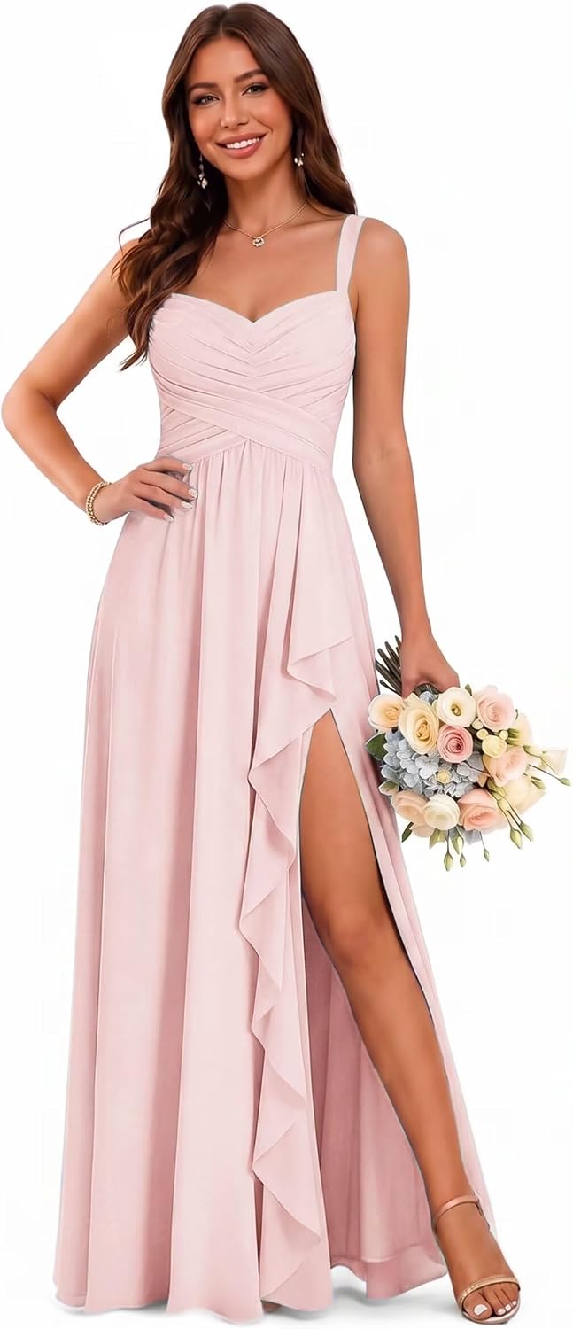 Sweetheart Chiffon Bridesmaid Dress with Pleated Bodice and Ruffle Slit