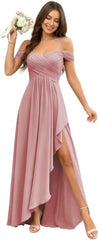 Cold Shoulder Pleated Chiffon Bridesmaid Dress with Ruffle Slit
