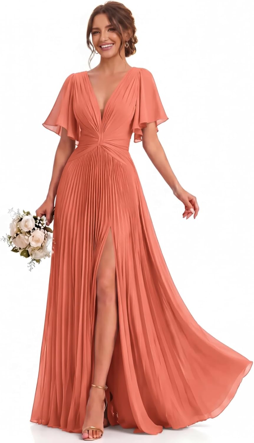 Twist-Front Pleated Chiffon Bridesmaid Dress with Flutter Sleeves