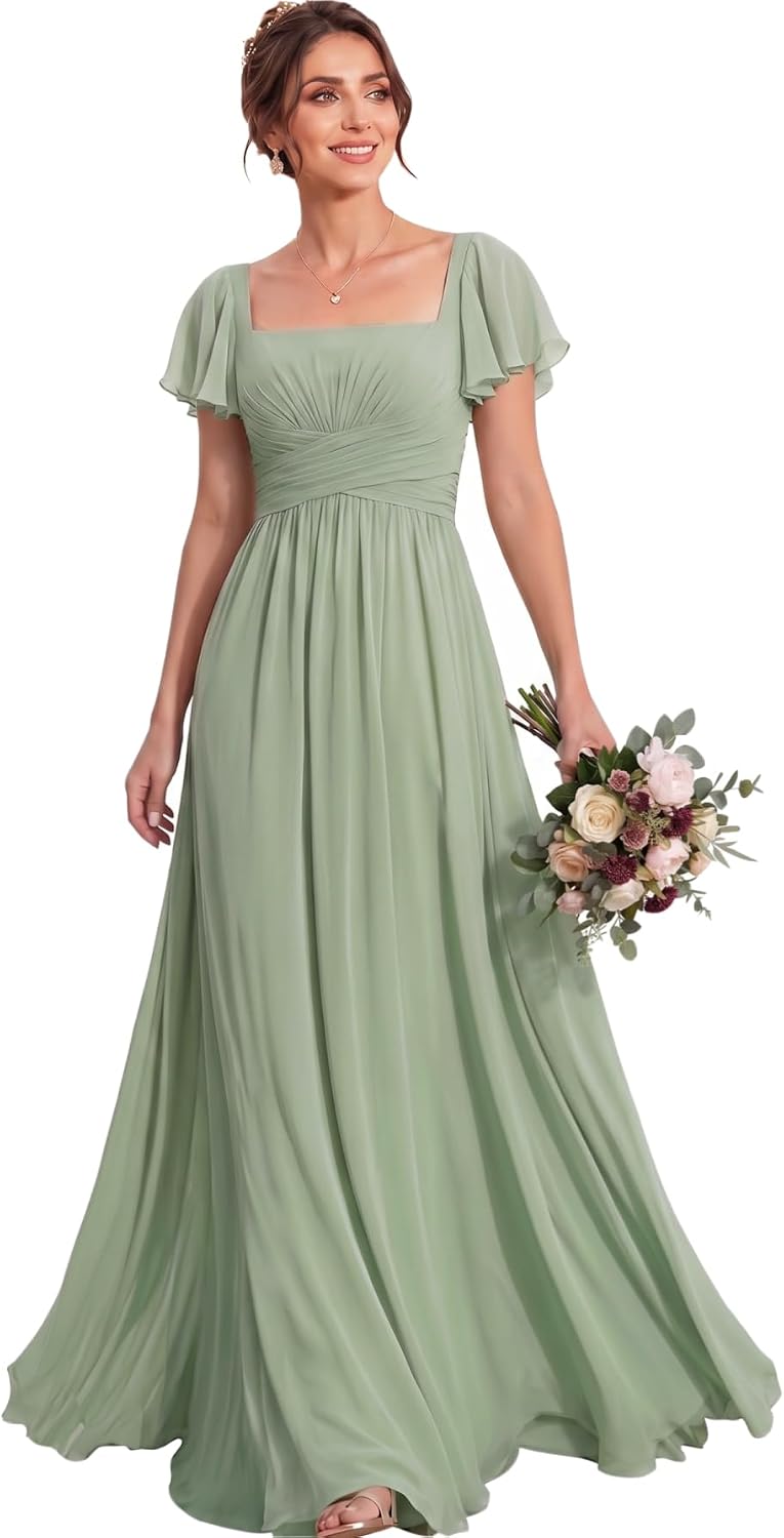 Ruched Waist Chiffon Bridesmaid Dress with Square Neck and Flutter Sleeves