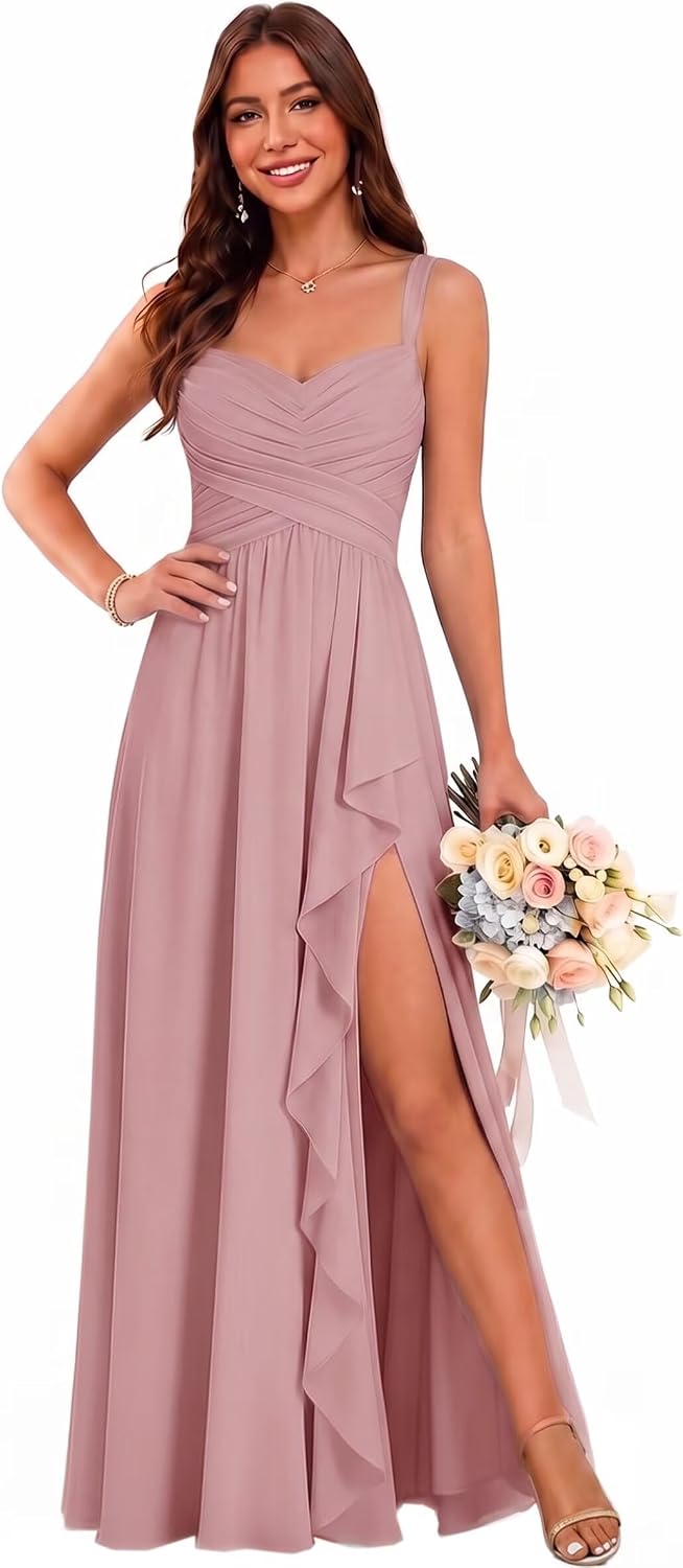 Sweetheart Chiffon Bridesmaid Dress with Pleated Bodice and Ruffle Slit