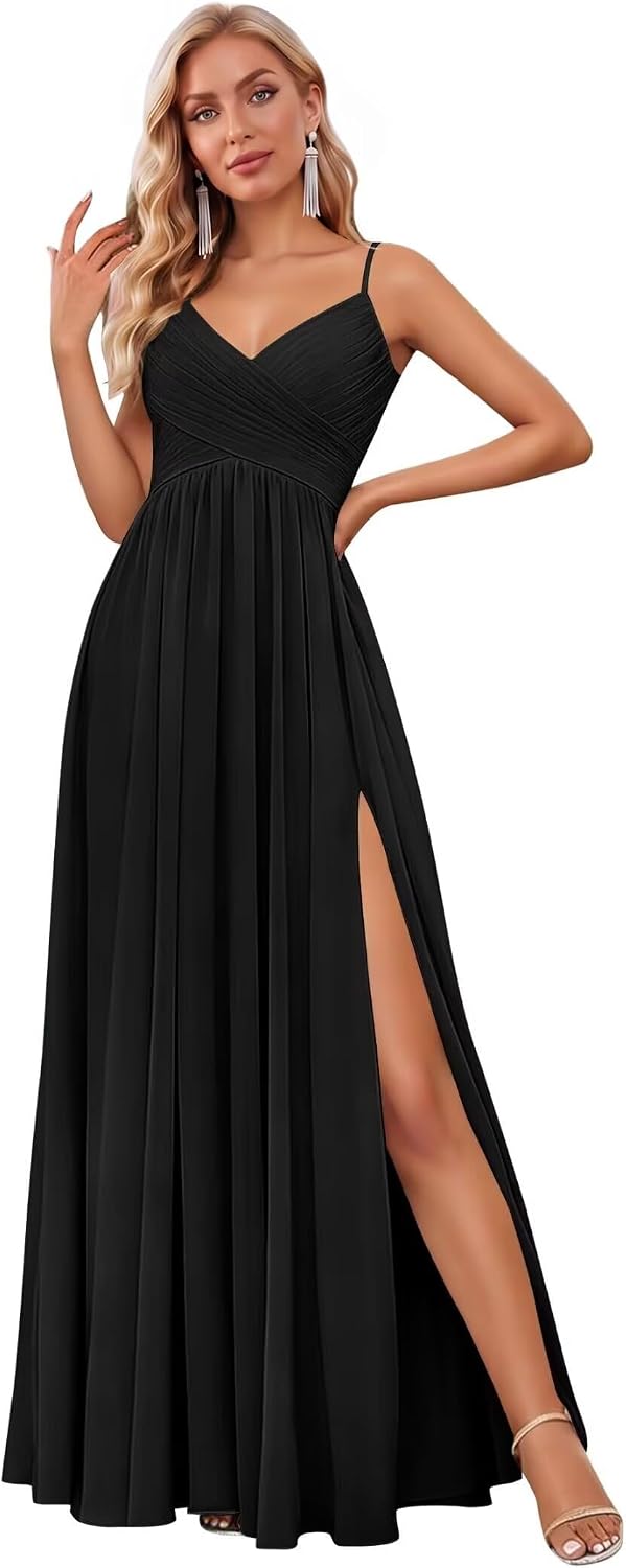 Spaghetti Strap Pleated Chiffon Bridesmaid Dress with V-Neck and Slit