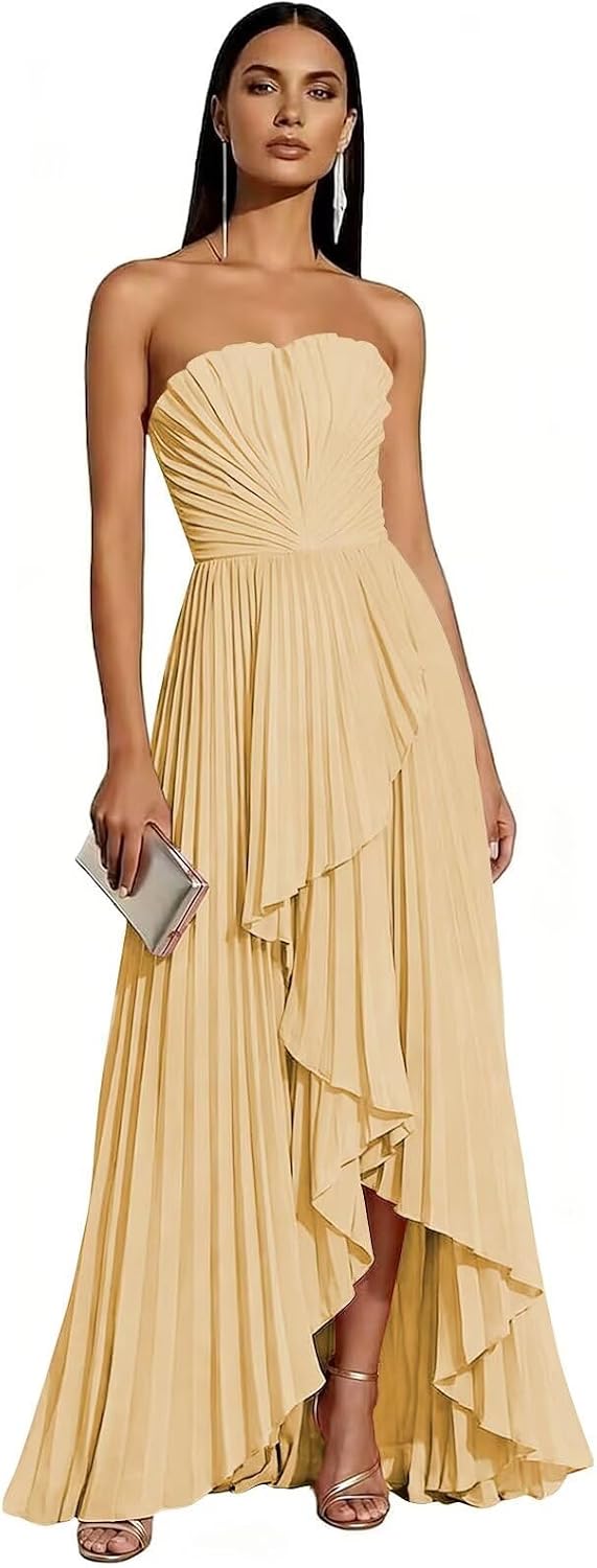 Strapless Chiffon Evening Dress with Pleats and Cascading Ruffle Hem