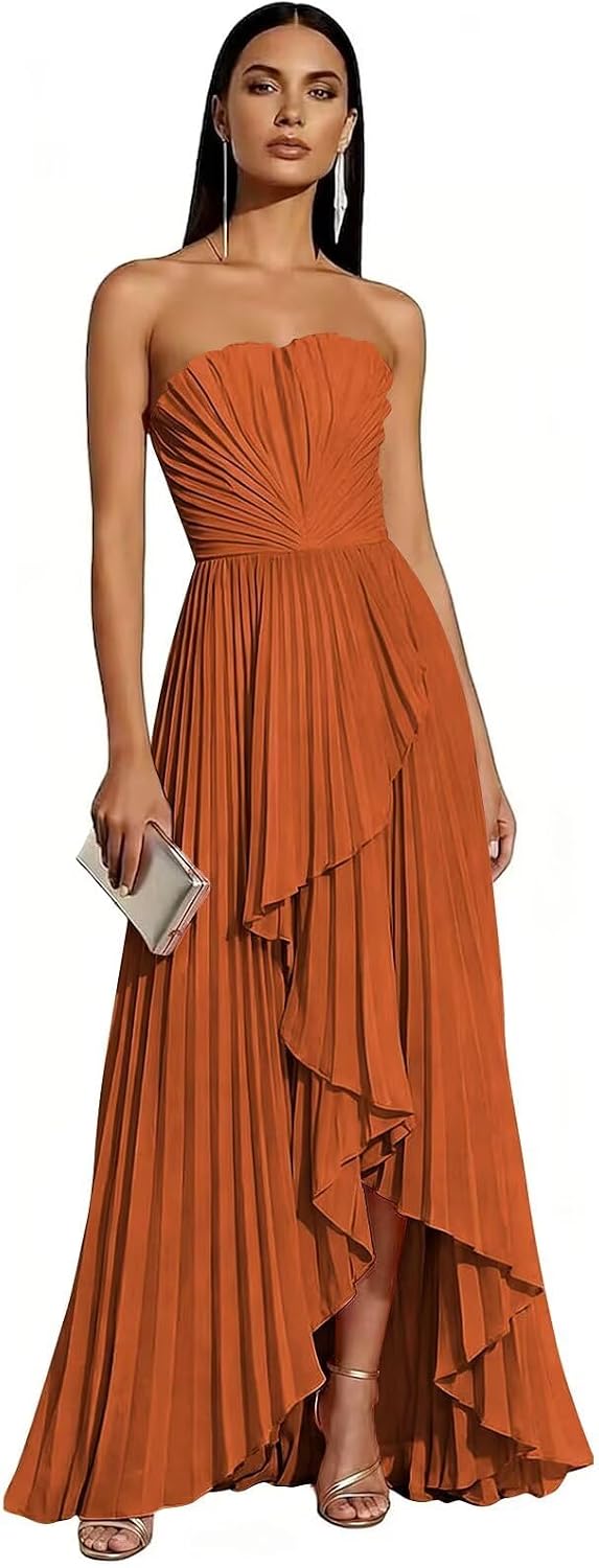 Strapless Chiffon Evening Dress with Pleats and Cascading Ruffle Hem