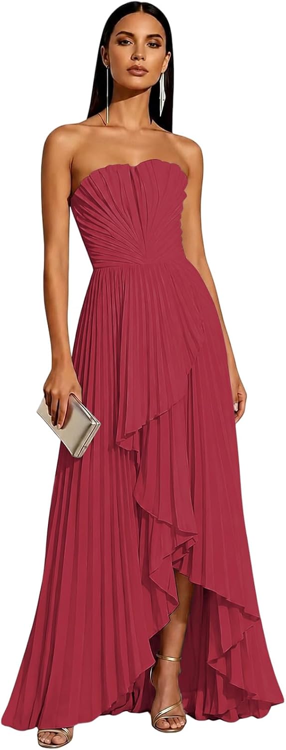 Strapless Chiffon Evening Dress with Pleats and Cascading Ruffle Hem