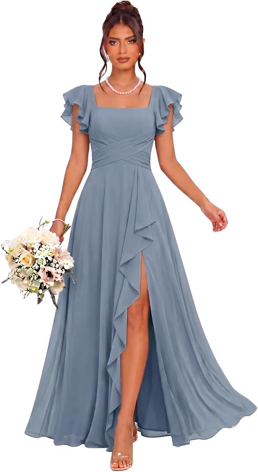 Cascading Ruffle Chiffon Bridesmaid Dress with Flutter Sleeves and Slit