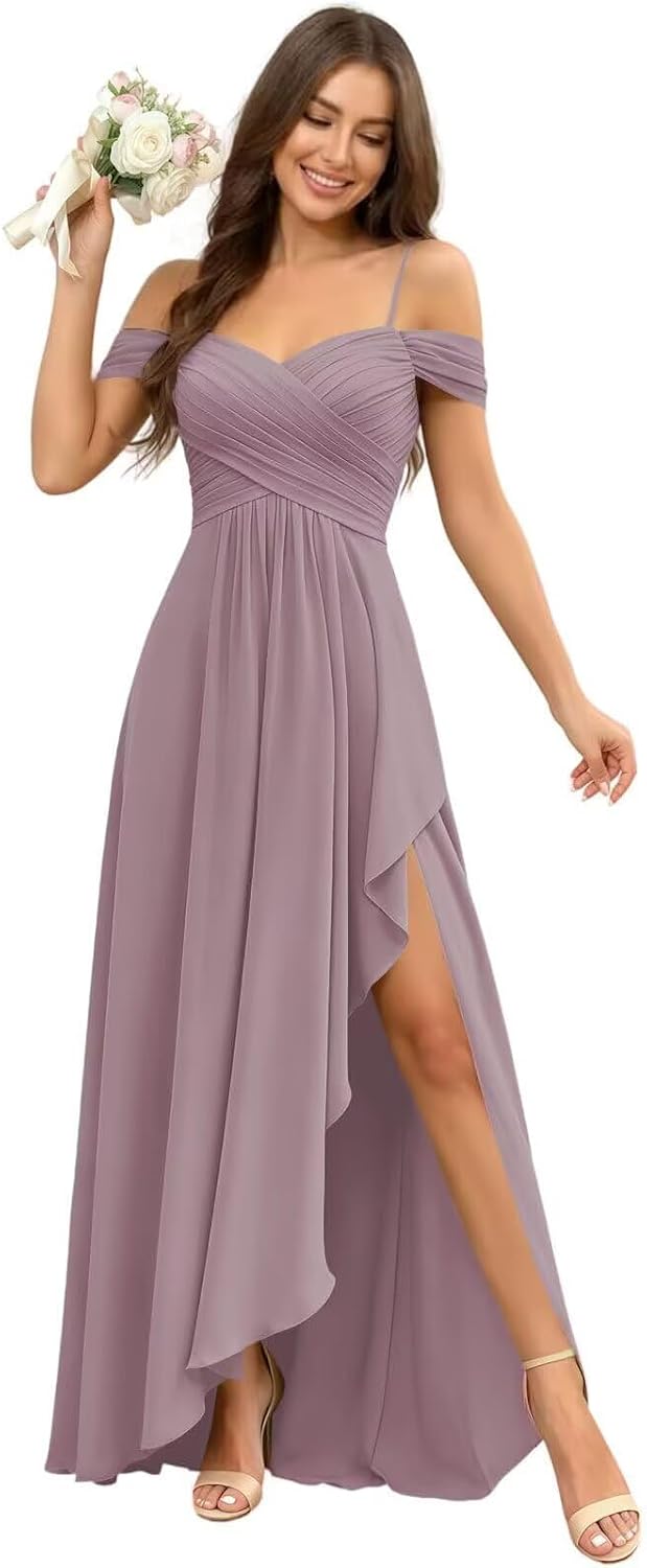 Cold Shoulder Pleated Chiffon Bridesmaid Dress with Ruffle Slit