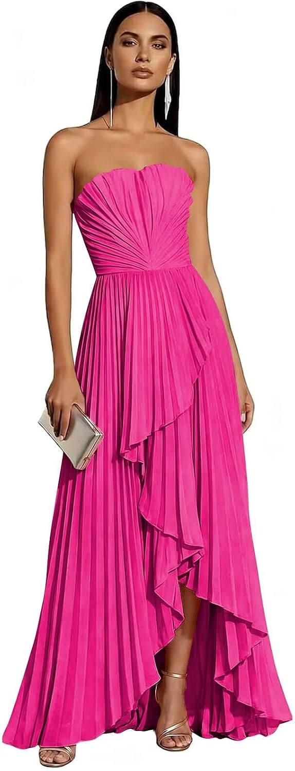 Strapless Chiffon Evening Dress with Pleats and Cascading Ruffle Hem