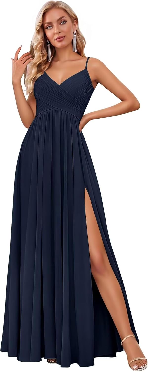 Spaghetti Strap Pleated Chiffon Bridesmaid Dress with V-Neck and Slit