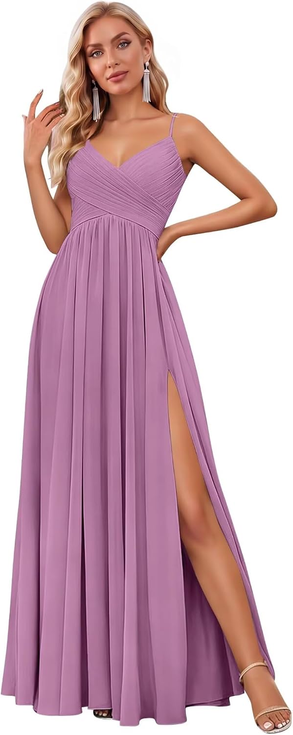 Spaghetti Strap Pleated Chiffon Bridesmaid Dress with V-Neck and Slit