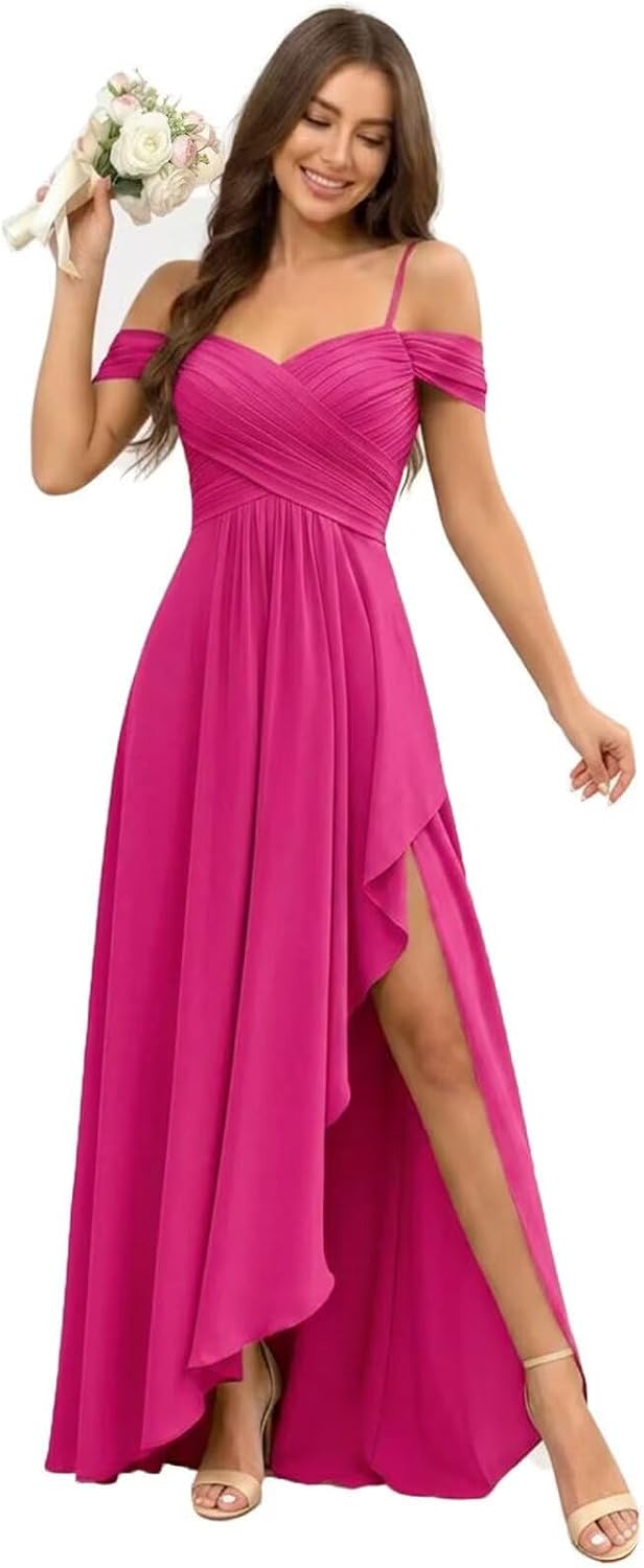 Cold Shoulder Pleated Chiffon Bridesmaid Dress with Ruffle Slit