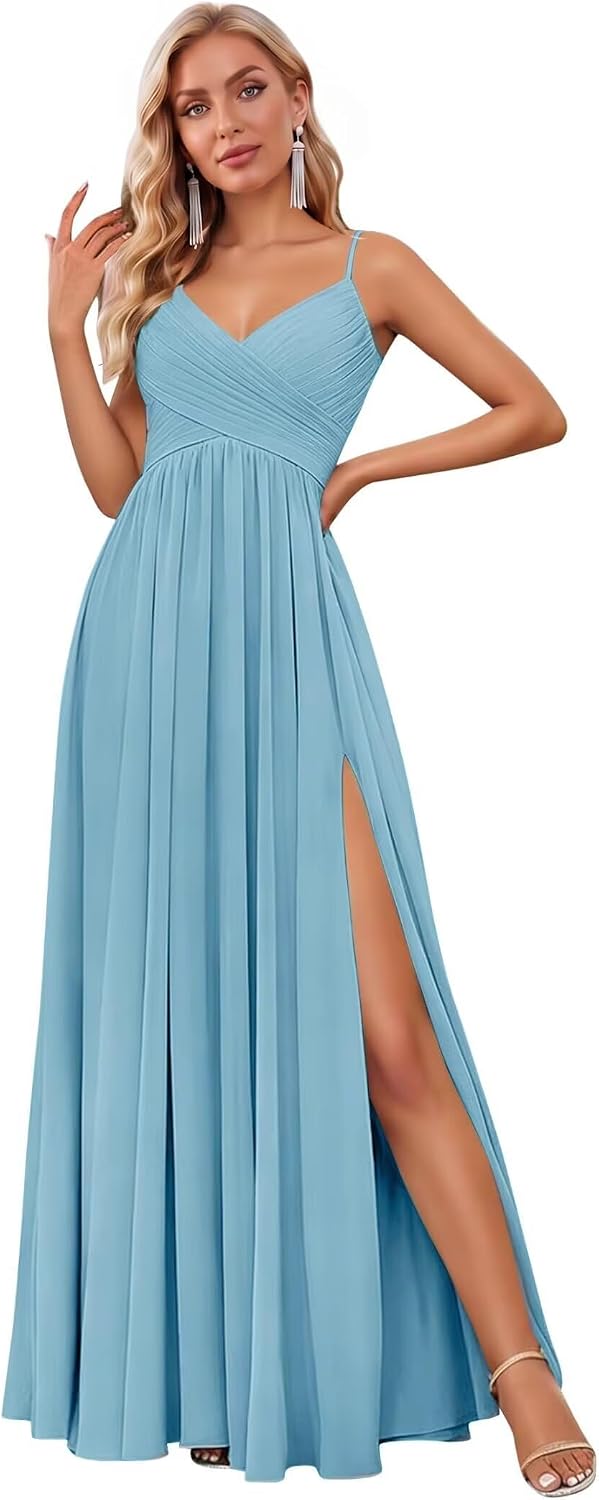 Spaghetti Strap Pleated Chiffon Bridesmaid Dress with V-Neck and Slit