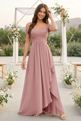 Cold Shoulder Pleated Chiffon Bridesmaid Dress with Ruffle Slit