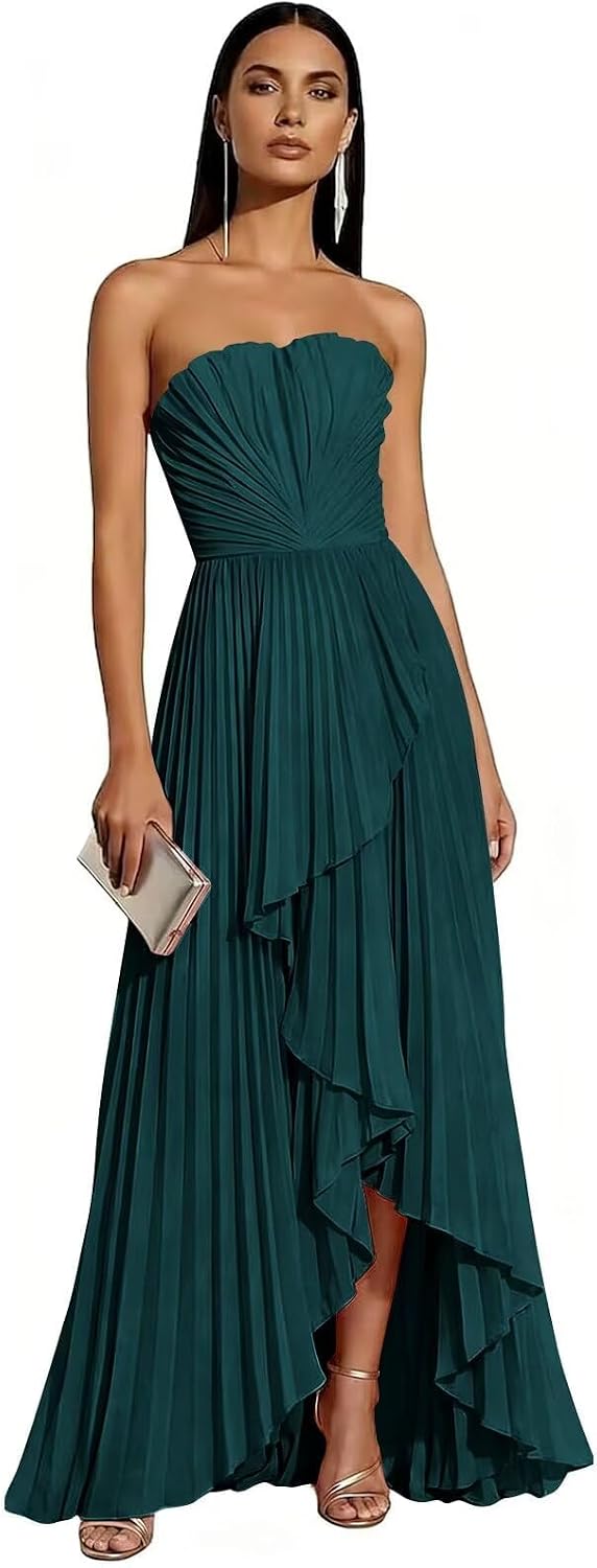 Strapless Chiffon Evening Dress with Pleats and Cascading Ruffle Hem
