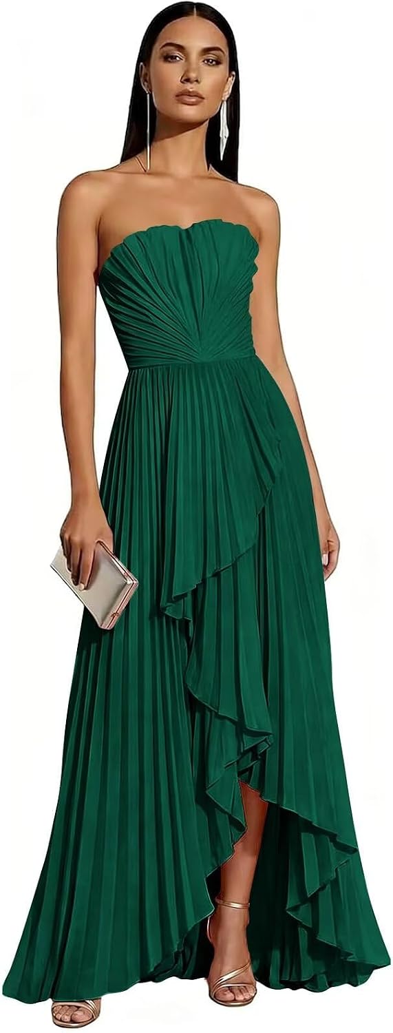Strapless Chiffon Evening Dress with Pleats and Cascading Ruffle Hem