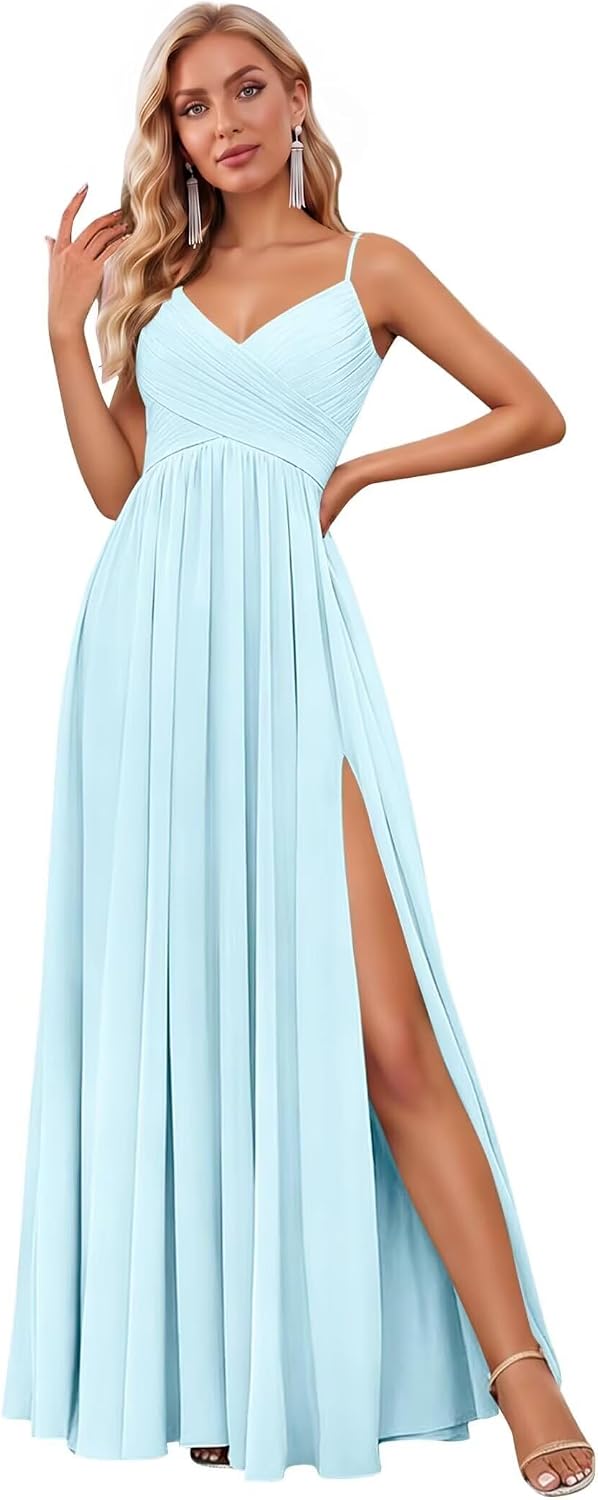 Spaghetti Strap Pleated Chiffon Bridesmaid Dress with V-Neck and Slit