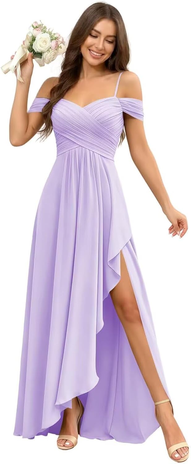 Cold Shoulder Pleated Chiffon Bridesmaid Dress with Ruffle Slit