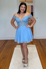 Grey Blue Corset A-Line Chiffon Short Homecoming Dress with Lace