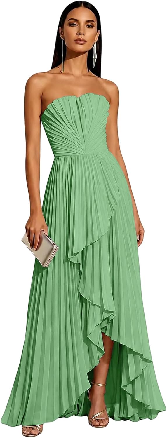 Strapless Chiffon Evening Dress with Pleats and Cascading Ruffle Hem