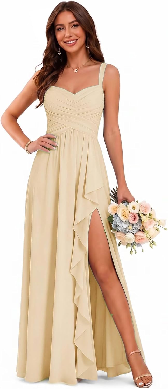 Sweetheart Chiffon Bridesmaid Dress with Pleated Bodice and Ruffle Slit