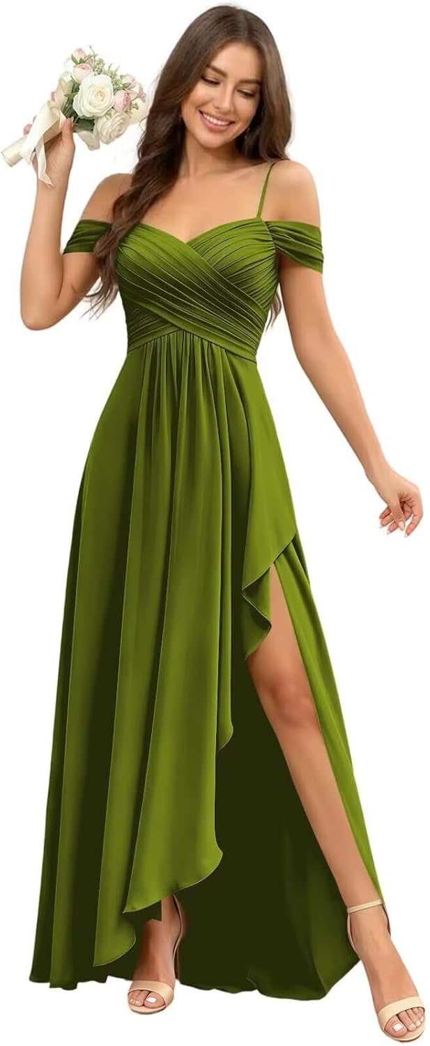 Cold Shoulder Pleated Chiffon Bridesmaid Dress with Ruffle Slit