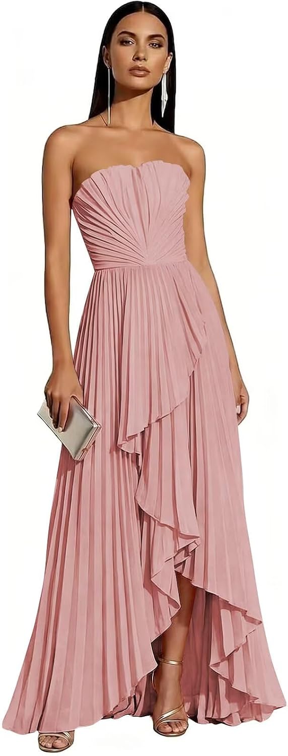 Strapless Chiffon Evening Dress with Pleats and Cascading Ruffle Hem